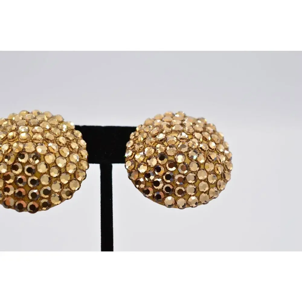 Vintage Crystal Clip Earrings Sparkling Brown Rhinestone Round Chunky 1980s 9L
